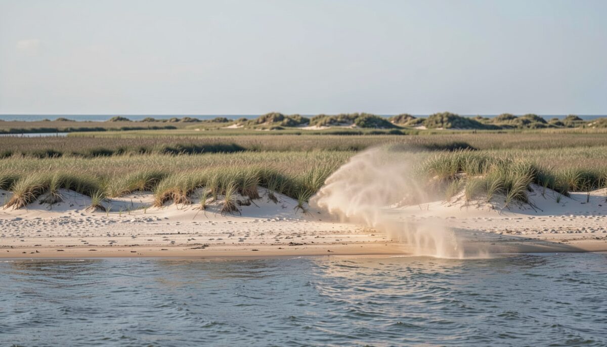 A low dune line with new sand spread across it, the wind lifting a plume off the crest, marsh and open water behind the ridge and a flat pale sky over the island.