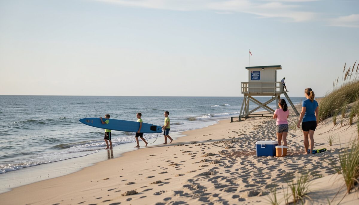 Children carrying a long board across a wide ocean beach toward the water, a lifeguard stand above them on the sand, dunes at the edge of the frame and a light chop on the sea.