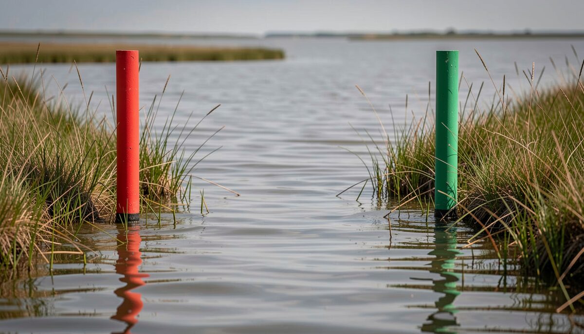 A red mark and a green mark standing over the edge of a narrow channel in shallow sound water, marsh grass on the near bank, flat grey water between them and a soft sky above.