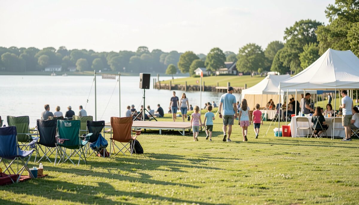 Folding chairs and a small stage in the foreground of a grassy waterfront park, families walking between tents behind, bright afternoon sun and a slack, pale green water at the far edge of the grass.