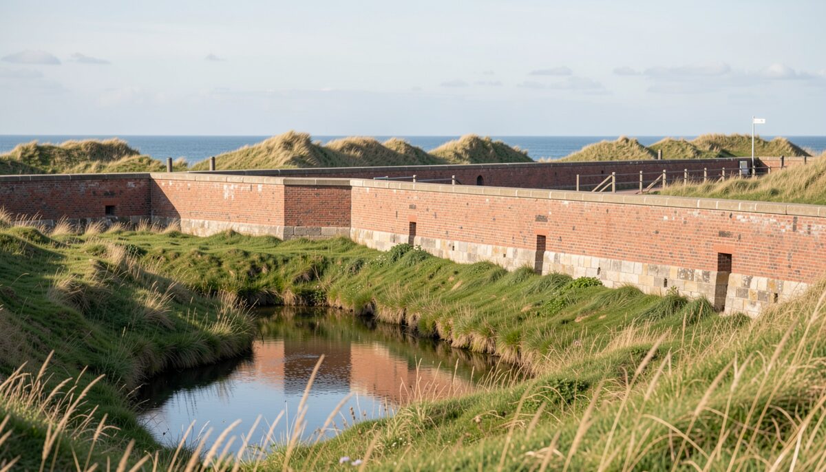 A brick and stone rampart in the foreground with a grassy moat below the wall, a walkway along the top and dunes with the ocean behind, clear mid morning light and a light wind off the water.