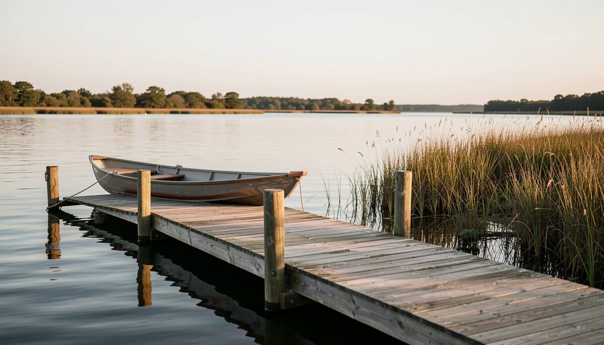 A low wooden dock at first light in the foreground with a skiff tied off, calm water behind the pilings and marsh grass along the near shore, soft grey dawn light and no ripple on the surface.