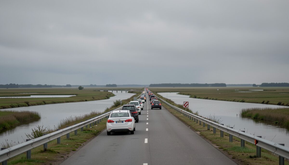 A line of cars on a two lane causeway between marsh and open water, guardrails on both shoulders, a road sign in the near verge and a low grey sky over the sound ahead.