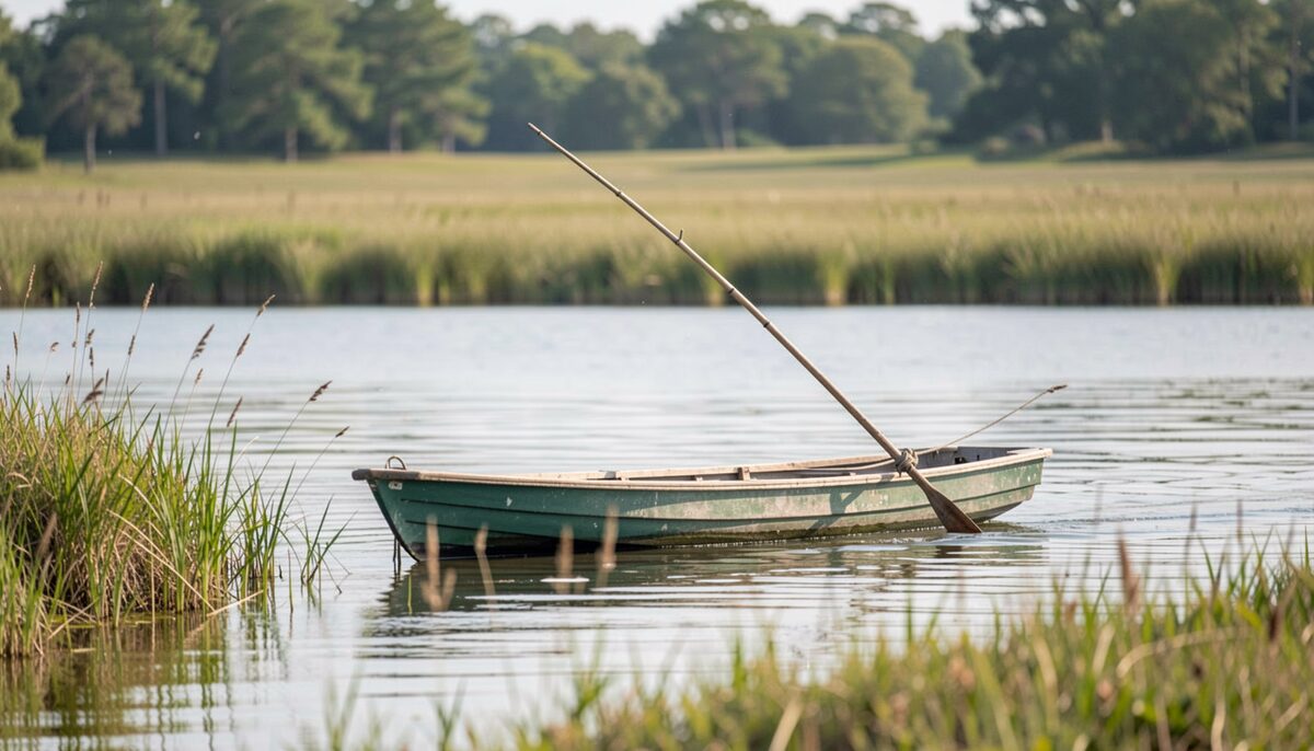 A flat bottomed skiff along a marsh edge in the foreground, a rod bent slightly at the bow, a wide quiet expanse of sound behind and low marsh islands on the horizon, still morning light on the water.