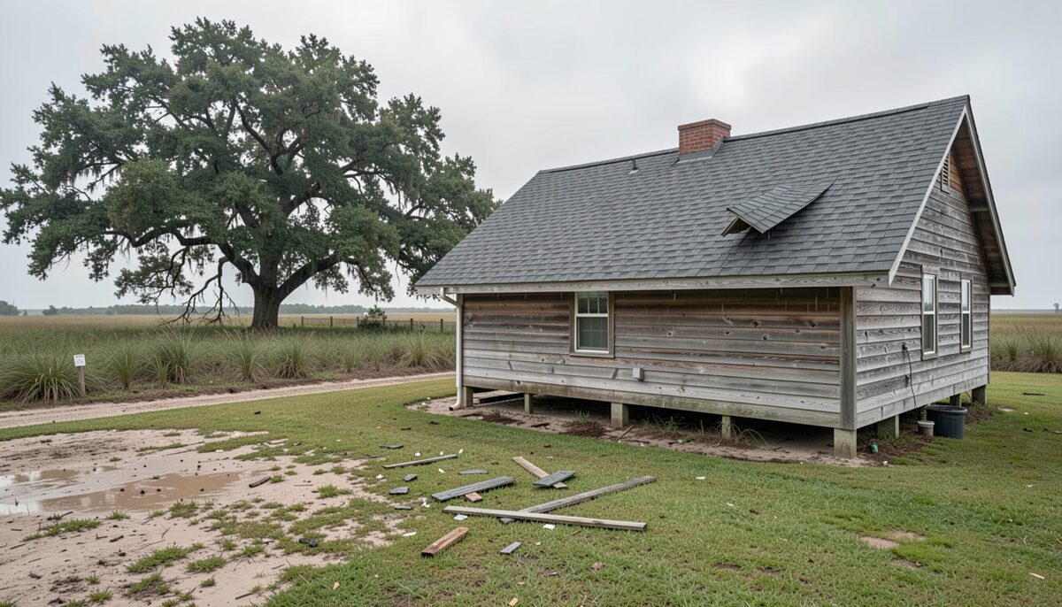 A pitched roof of grey asphalt shingles on a small wooden coastal house, one patch of shingles lifted near the ridge and loose boards on the wet grass in front, a live oak and marsh behind, flat overcast light.