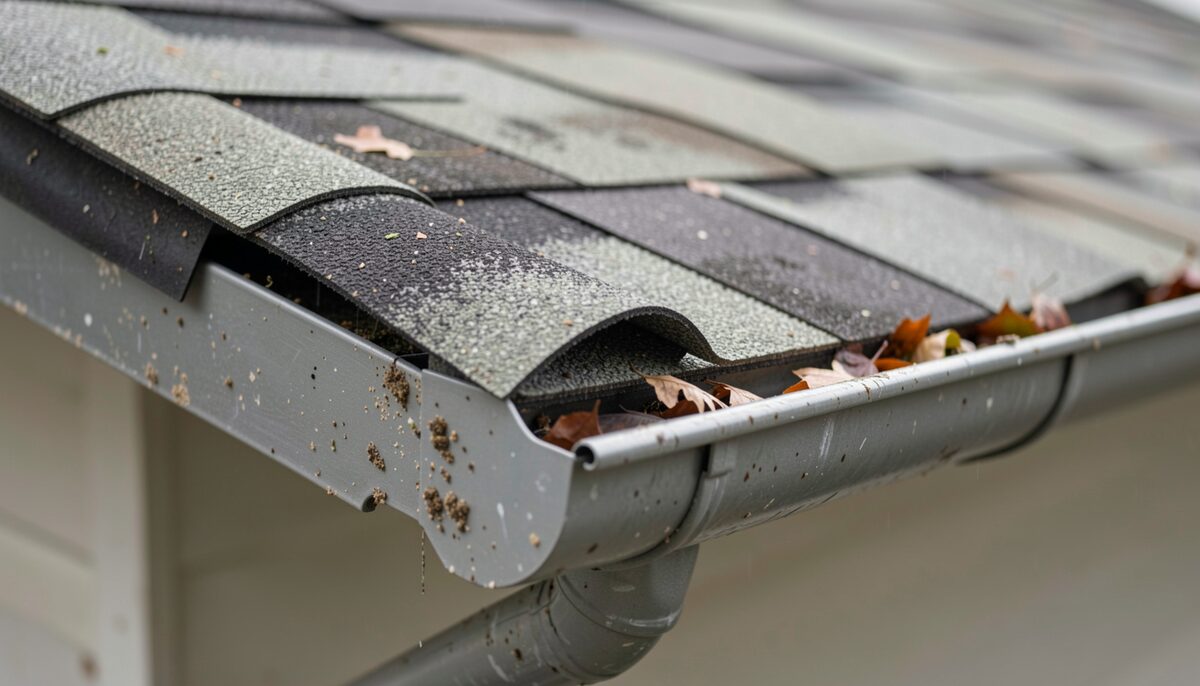 A close view of a roof edge in the foreground with curled shingle tabs, a bent drip edge and a gutter holding grit and wet leaves, damp grey shingles beyond, soft overcast light and a blurred wall behind the downpipe.