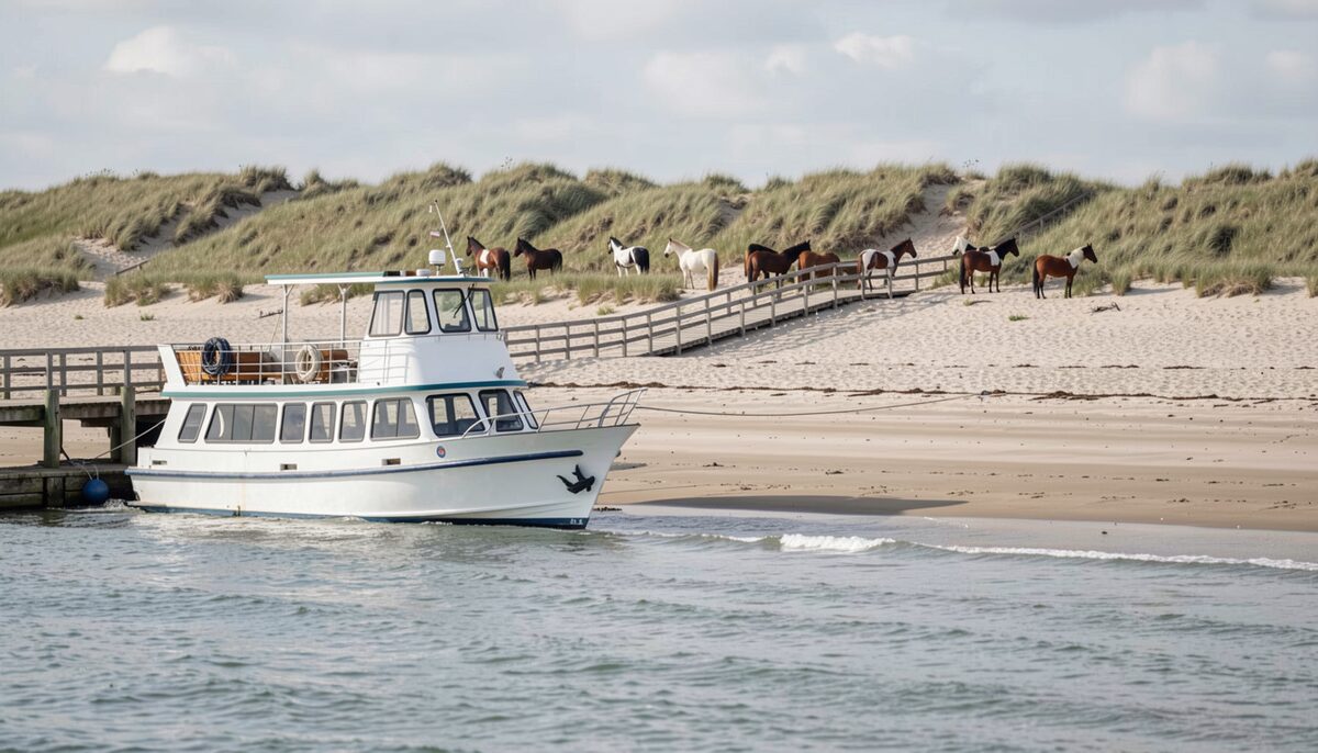 A passenger boat landing on a bare barrier island beach, a wooden walkway and a fenced dune behind the sand, a line of horses along the crest and shallow water in the foreground.