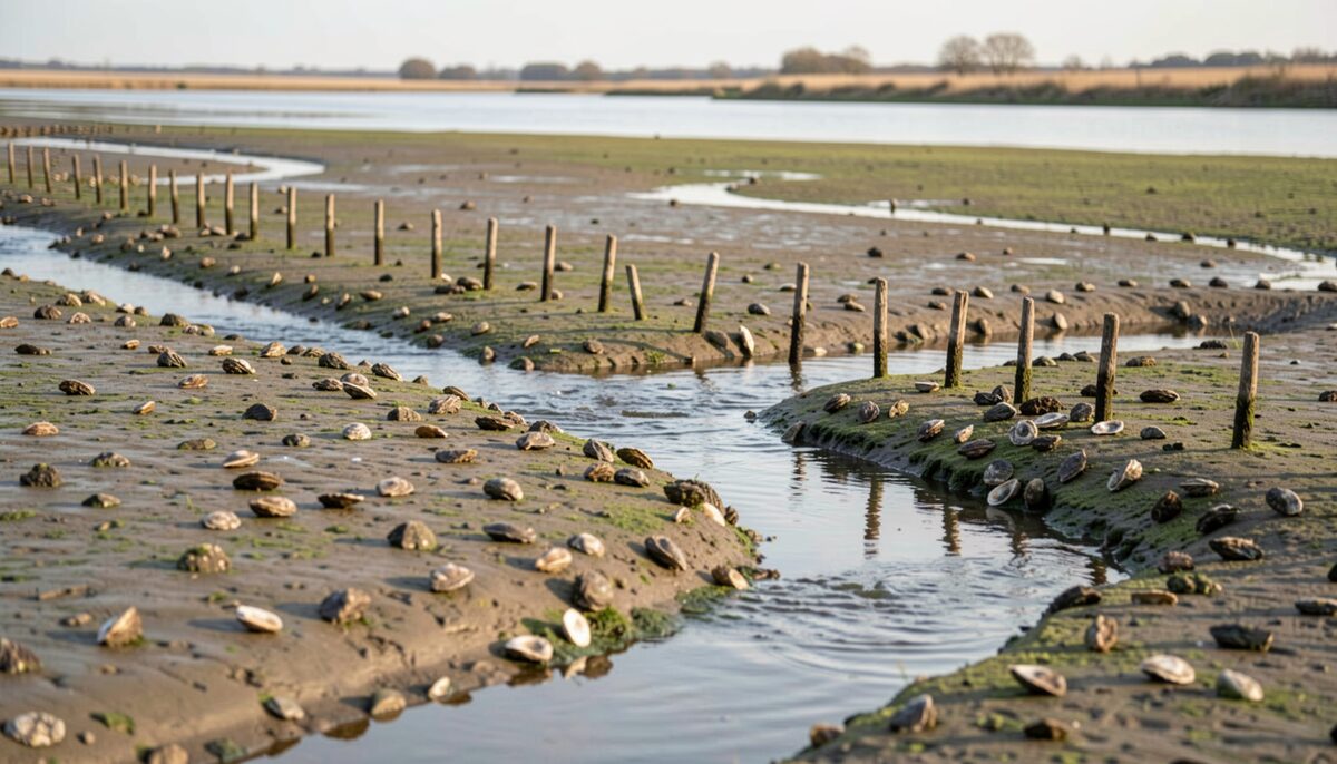 An exposed tidal flat at low water with oyster shell underfoot, a row of stakes marking the edge of a bed, a channel of moving water cutting across the flat and marsh grass on the far bank.