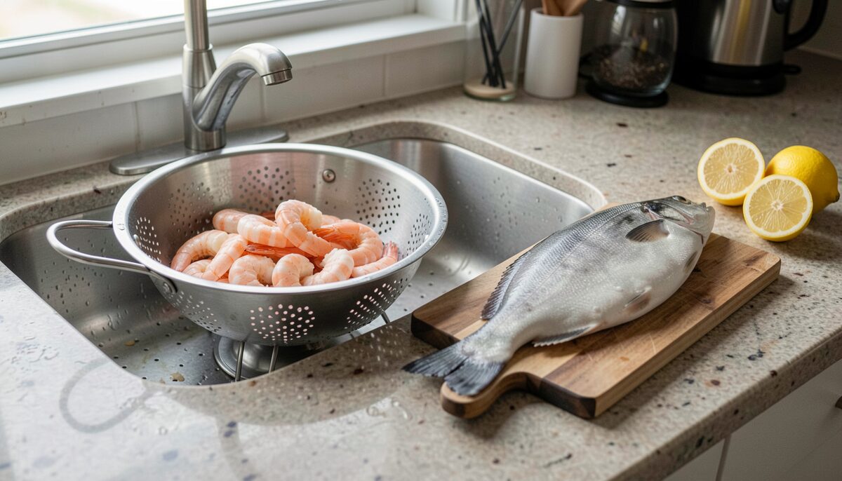 A home kitchen sink in the foreground with a colander of shrimp, a whole flounder on a board beside it and lemon halves on the counter, daylight from a window at the left of the frame.
