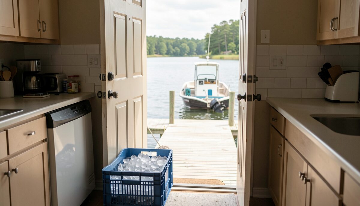 An open kitchen door looking down a wooden dock to a work boat tied at the end, a crate of ice standing at the step, counters on both sides and sound water beyond the pilings.