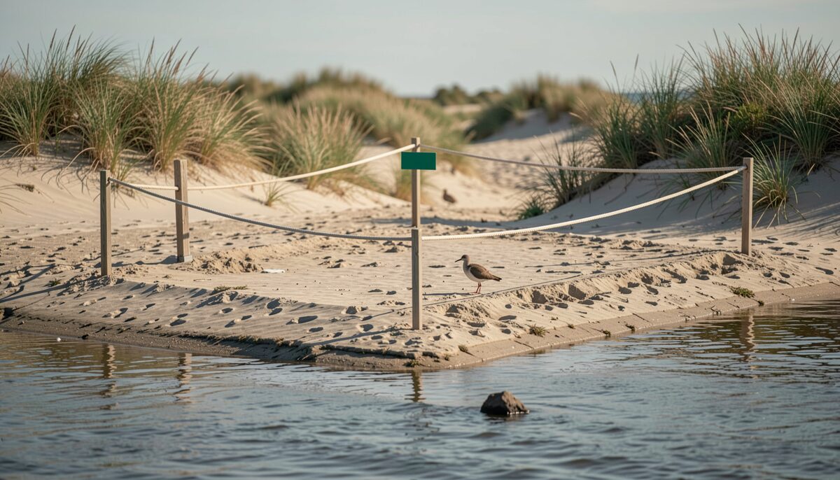 A staked line of rope around a square of dry sand above the wrack, a green marker post at the corner, a single shorebird on the wash below and dunes with grass behind it.
