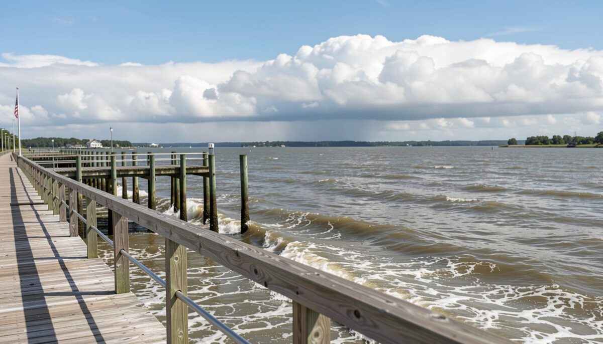 A pier rail in the foreground with a fixed view over the sound, tide running past dark pilings below, low clouds over the far bank and flat midday light on a grey green surface of the water.
